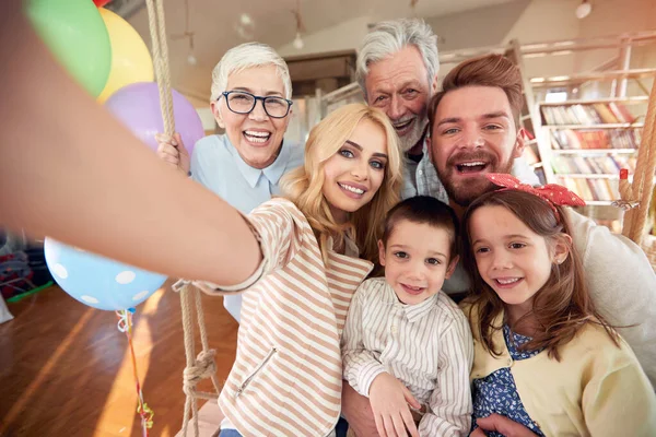 Three Generation Family Taking Selfie Cheerful Atmosphere Home Together Family — Fotografia de Stock