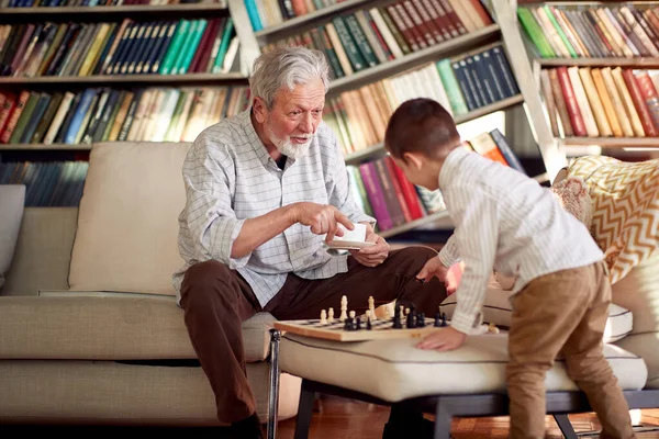 Παππούς Και Εγγονός Του Διασκεδάζουν Παίζοντας Σκάκι Μια Παιχνιδιάρικη Ατμόσφαιρα — Φωτογραφία Αρχείου