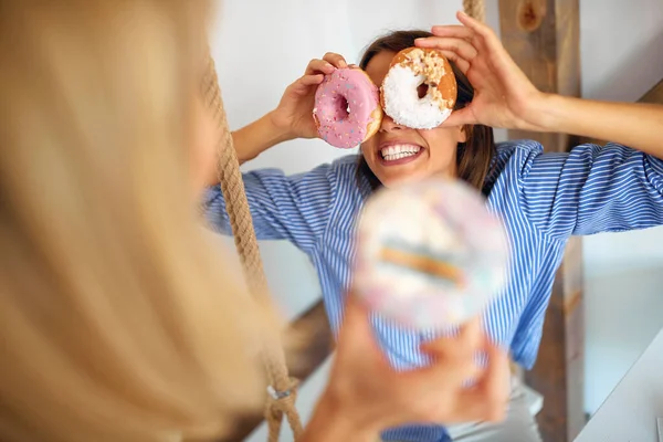 Girl Having Fun Using Delicious Donuts While Spending Time Her — Stock Photo, Image