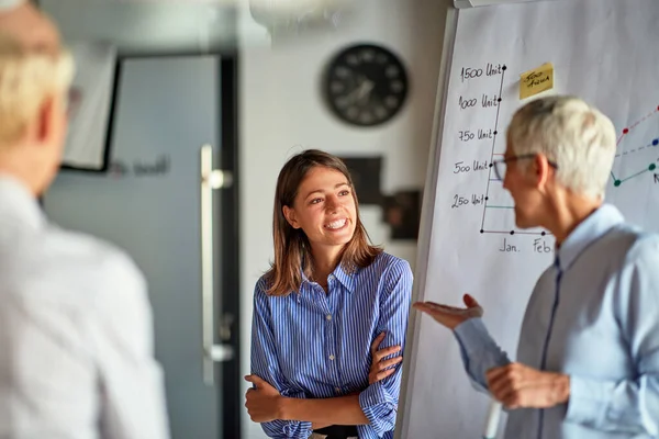 Äldre Affärskvinna Ställer Fråga Till Ung Kvinnlig Kollega Presentation Trevlig — Stockfoto