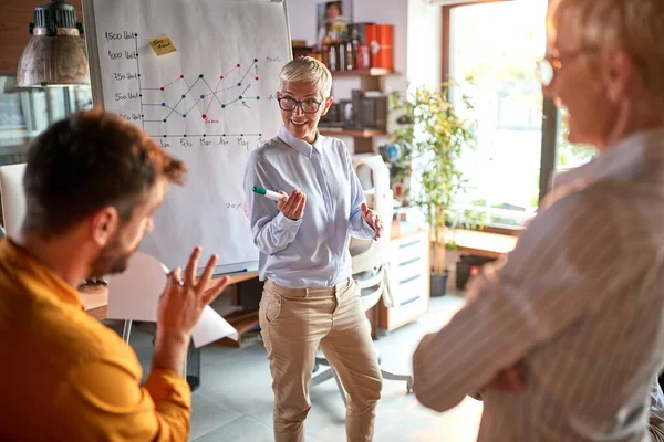 An elderly female boss is questioning her young male colleague while holding a presentation in a working atmosphere at workplace. Business, office, job