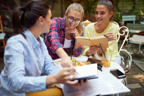 Group Young Female Students Discussing Lesson While Having Drink Relaxed — 스톡 사진