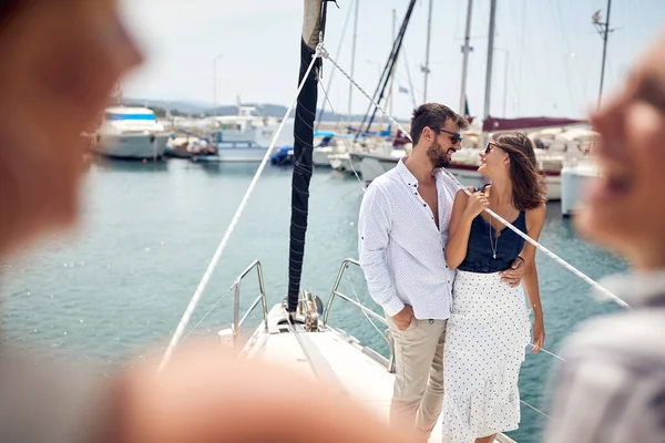 Young Couple Hug Enjoying Wonderful Time Friends Yacht Beautiful Summer — 스톡 사진