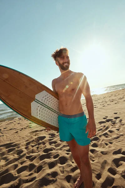 Young Handsome Male Surfer Holding Surfboard Posing Photo Beach Beautiful — Foto de Stock