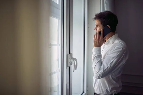 Handsome Young Adult Caucasian Man Standing White Shirt Looking Out — Stock Photo, Image