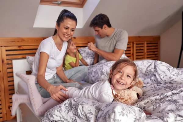 Little Girls Enjoying Playing Parents Bedroom Cheerful Atmosphere Home Family — Stock Photo, Image