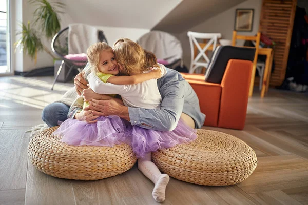 Young Happy Family Enjoying Hug While Playing Cheerful Atmosphere Home — Stock Photo, Image