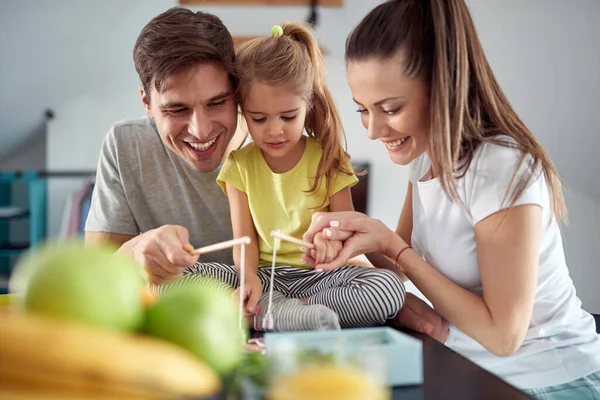 Young Family Playing Table Beautiful Morning Kitchen Family Together Breakfast — Stock Photo, Image