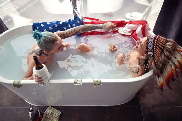 Two Lesbian Girls Having Fun Together Bathtub Sinful Life Concept — Stock Photo, Image