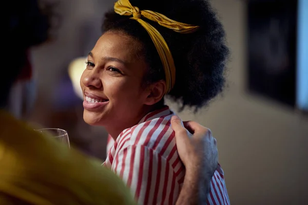 Young Afro American Female Hugged Caucasian Male Enjoying Friendship Looking — Foto de Stock