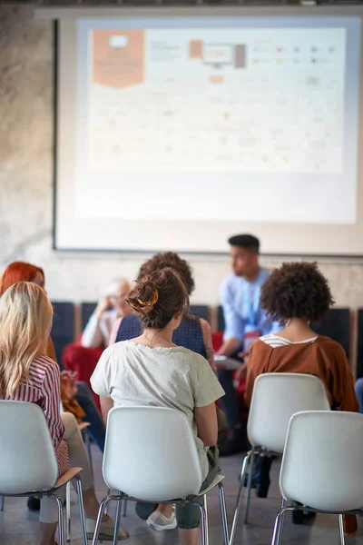 Group Young Creative People Listening Presentation Pleasant Atmosphere Conference Room — Foto de Stock