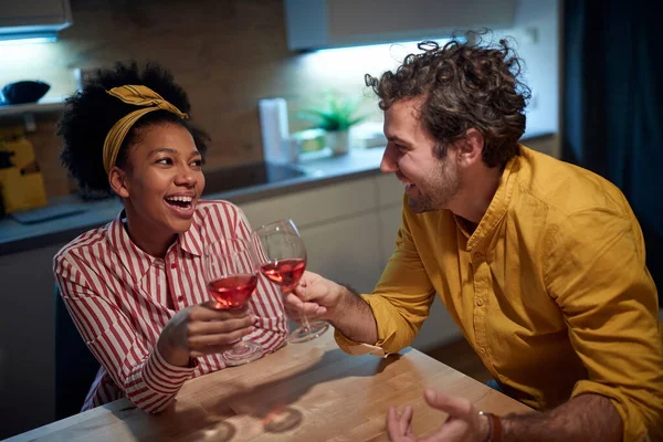 Young Adult Multiethnic Couple Having Toast Glasses Wine Looking Each — Stok fotoğraf