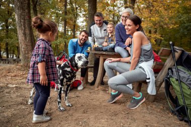 Mutlu bir aile, güzel bir sonbahar gününde ormanda köpekleriyle oynuyor.