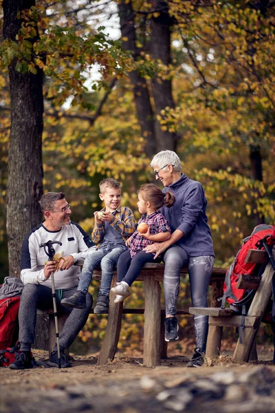 Babička Dědeček Vnoučata Užívají Krásné Chvíle Lese Krásného Podzimního Dne — Stock fotografie