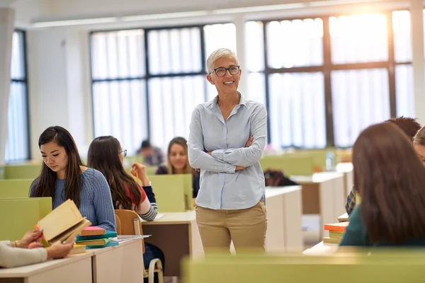 Vrouwelijke Hoogleraar Tevreden Bij Lezing Het Klaslokaal Van Universiteit — Stockfoto