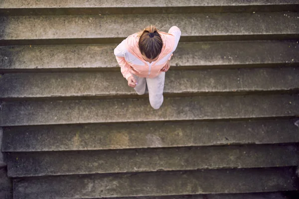 Woman Athlete Running Stairs Outdoor Fitness Concept Top View — Stock Photo, Image