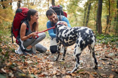 Yürüyüş yapan çiftler yürüyüş parkurunda köpeklerine sarılıyorlar.
