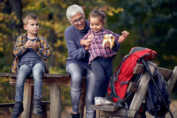 Abuela Nietos Jugando Bosque Hermoso Día Otoño — Foto de Stock