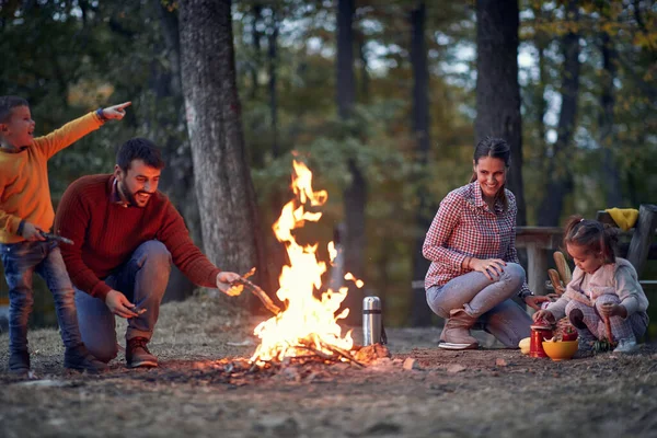 美しい秋の夕暮れに森の中でキャンプファイヤーのために興奮した幸せな家族 — ストック写真