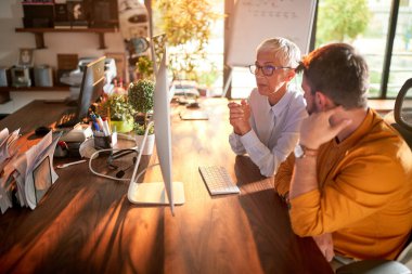 Yaşlı bir iş kadını, genç erkek arkadaşıyla birlikte ofiste hoş bir atmosferde çalışırken bilgisayar ekranı içeriğini izliyor. İş, ofis, iş