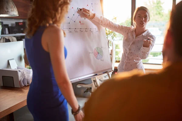 Young Business Woman Explaining Graph Panel While Holding Presentation Working — Stock Photo, Image