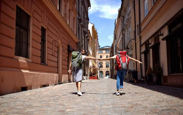 Casal Turístico Passeios Turísticos Praga Estilo Vida Viajante — Fotografia de Stock