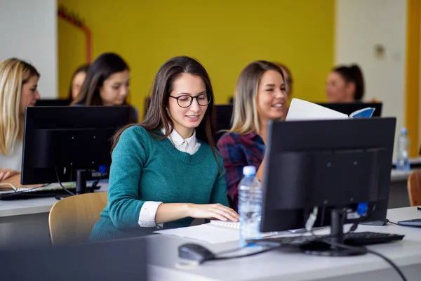 Students in front of computers at the informatics lecture in the university computer classroom. Smart young people study at the college. Education, college, university, learning and people concept