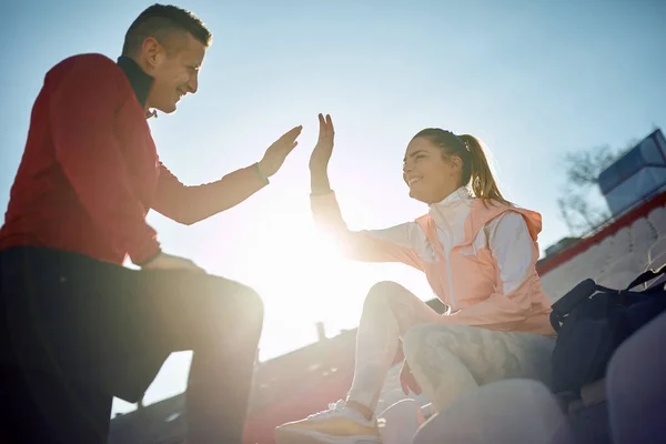 Caucasian Personal Male Trainer Giving High Five Young Adult Female — Stock Photo, Image