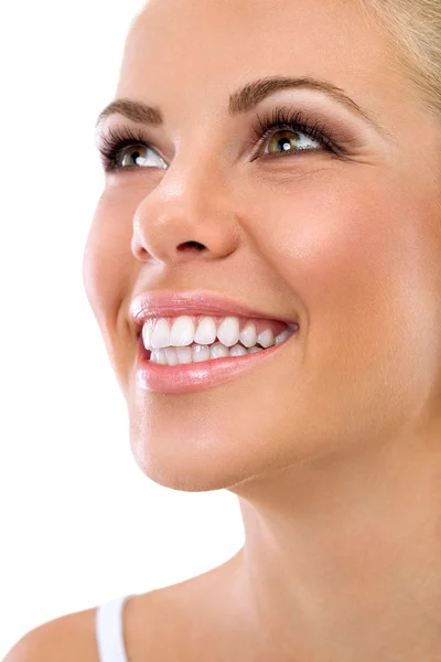 Mujer con grandes dientes blancos sanos Imagen de archivo