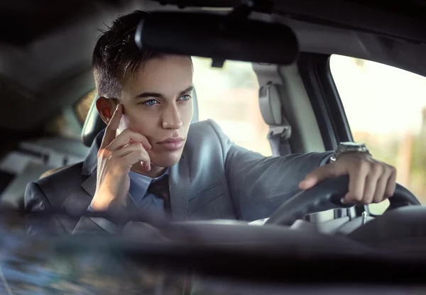 Elegance stylish men in car — Stock Photo, Image