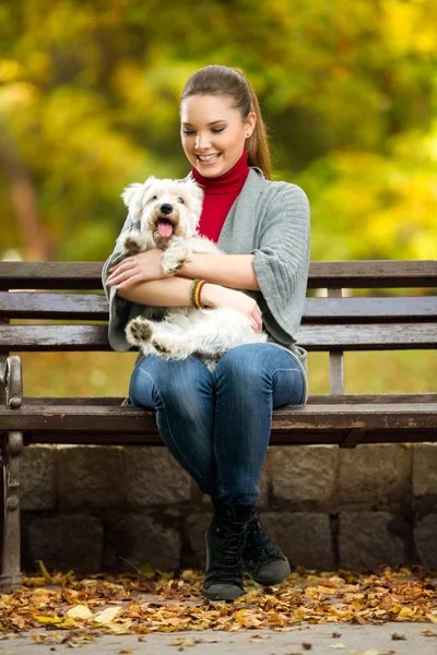 女孩和她的狗 maltezer 在一个公园 — 图库照片