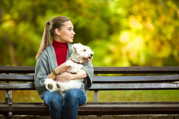 Jovem mulher abraçando um cão maltês — Fotografia de Stock