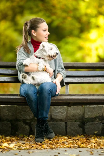 Jovem com um cão maltês — Fotografia de Stock