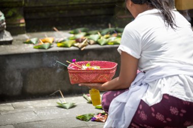 Bali yerel tapınağa sunan yerel kadın
