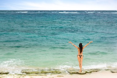 girl standing on the beach and looking at sea