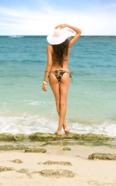 Sexy back of a beautiful woman in bikini on sea