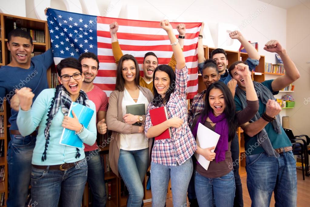 Young students presenting their country with flags