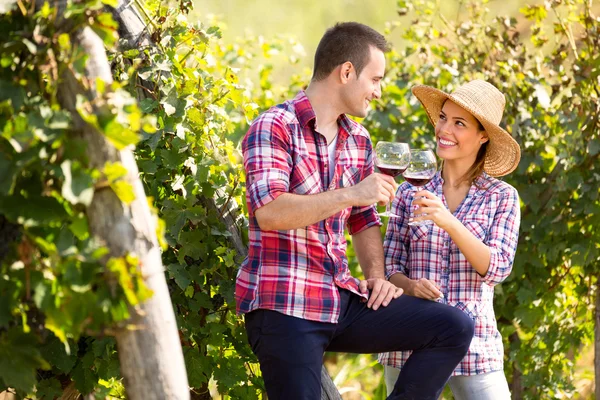 Frau und Mann im Weinberg trinken Wein — Stockfoto