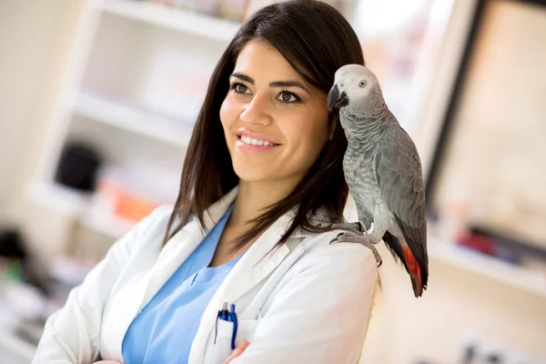 Veterinarian with parrot on her shoulder — Stock Photo, Image