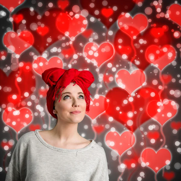 Valentines day woman with heart background — Stock Photo, Image