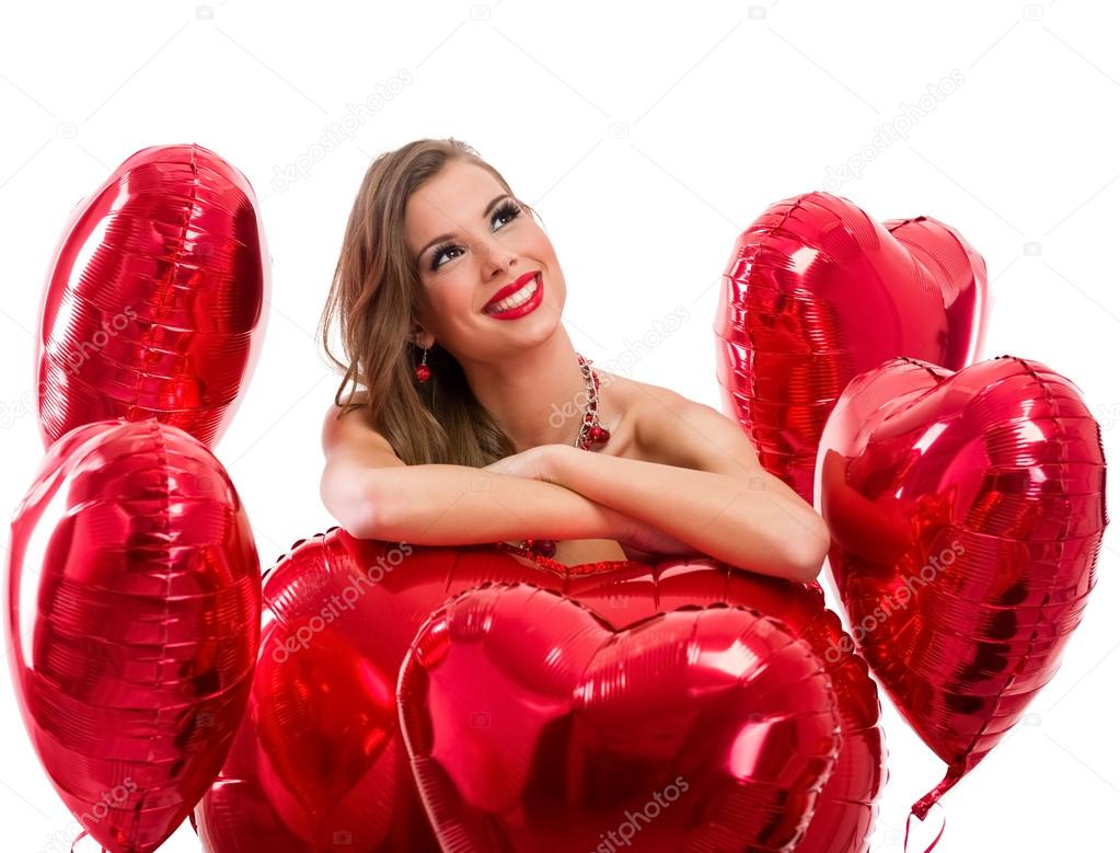 red hearts and woman looking up