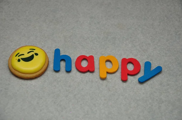 Smiley Emoji Biscuit Word Happy White Background — Stock Photo, Image