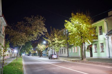 Brest, Belarus - 22 Ekim 2020 - küçük bir kasabada terk edilmiş bir sokak. LED sokak ışıkları