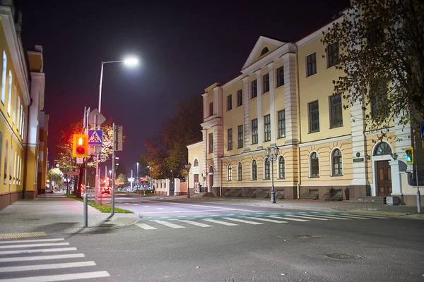 Brest, Belarus - 22 Ekim 2020 - Geceleri boş sokaklar. Beyaz Rusya 'da küçük bir kasaba