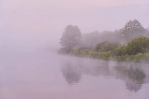 Brouillard Épais Sur Rivière Les Arbres Sont Visibles Travers Brouillard — Photo