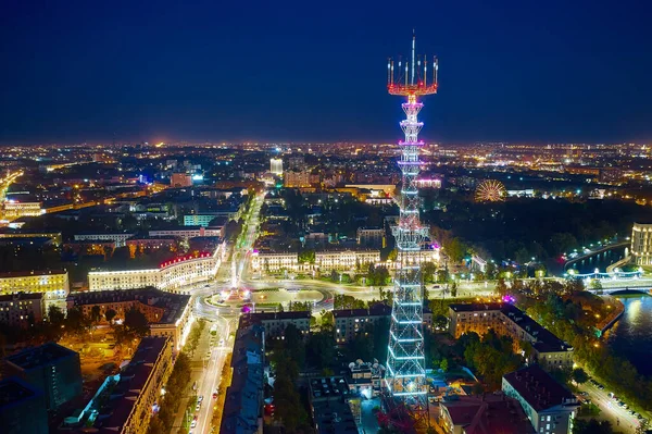 Gece Minsk Hava Görüntüsü Televizyon Kulesi Manzarası Şehir Merkezi — Stok fotoğraf