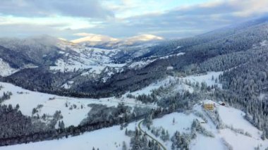 Kışın Karlı Karpatlar. Karlı ağaçlarla dağlarda şafak vakti.