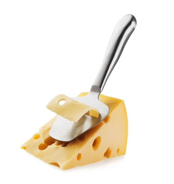 Pedaço de queijo e cortador de faca de queijo — Fotografia de Stock