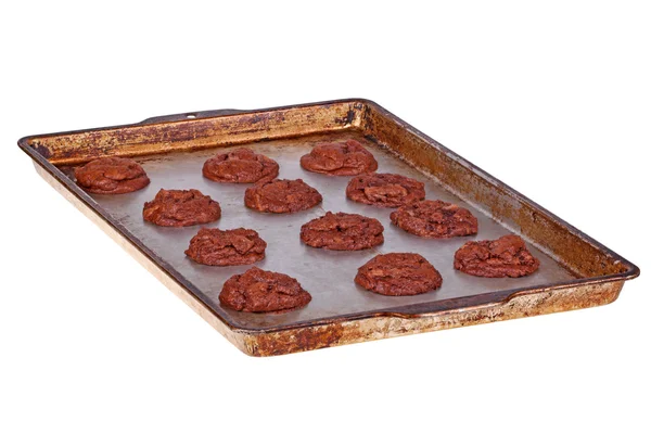 Pan of freshly baked, home-made chocolate cookies — Stock Photo, Image