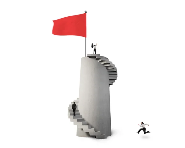 Businessmen competited eachother to top of tower for red flag — Stock Photo, Image
